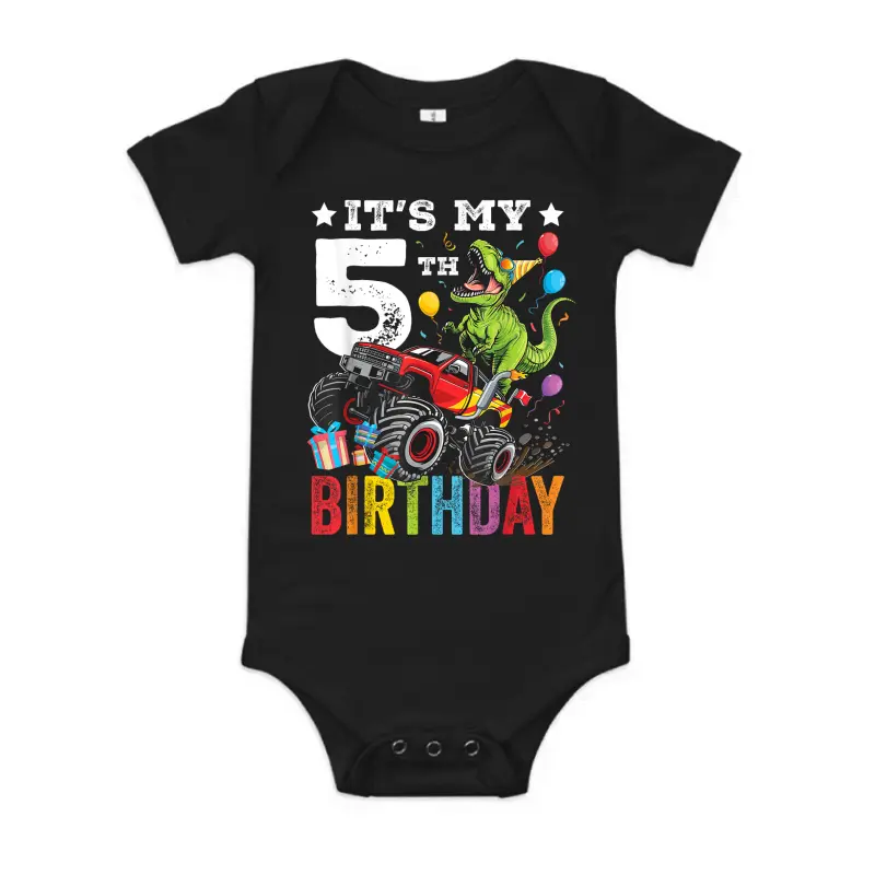 Five 5Th Birthday Dinosaur Monster Truck Baby Onesie