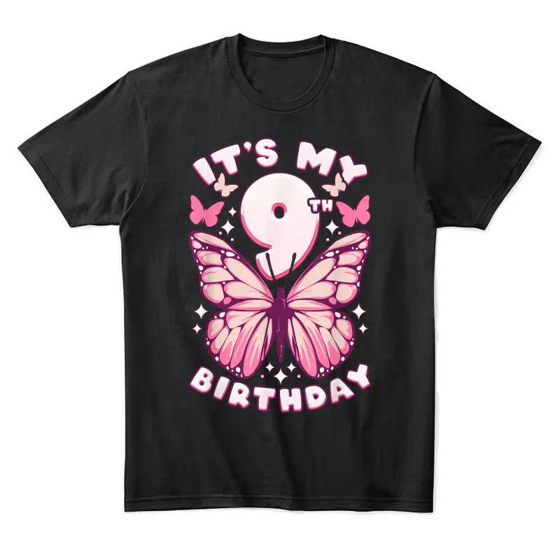 9Th Birthday, Girl 9 Years, Butterflies And Number 9 Unisex Staple T-Shirt