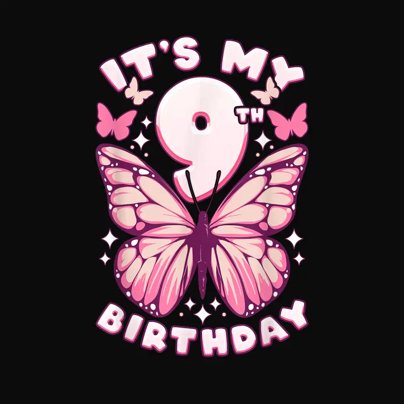 9Th Birthday, Girl 9 Years, Butterflies And Number 9 Unisex Staple T-Shirt