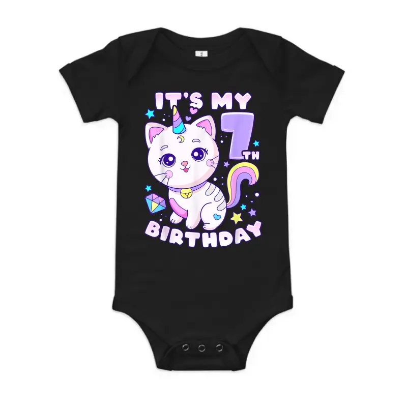 Birthday Girl 7 Years Old, Cat, Unicorn, 7Th Birthday Baby Onesie