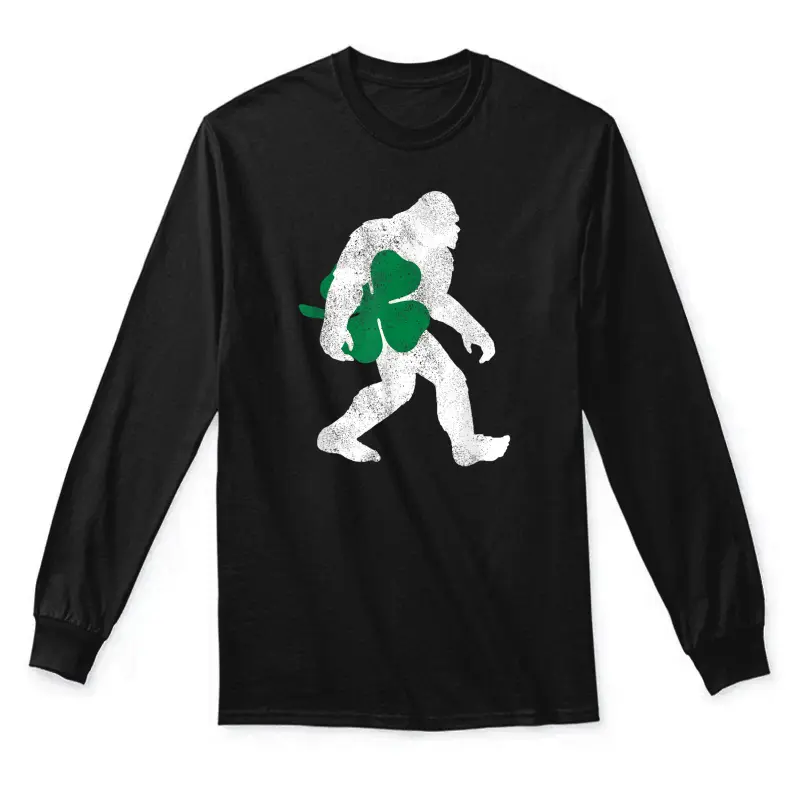 St Patricks Day Bigfoot Shirt - Clover Leaf Irish Sasquatch Unisex Long Sleeve T-Shirt