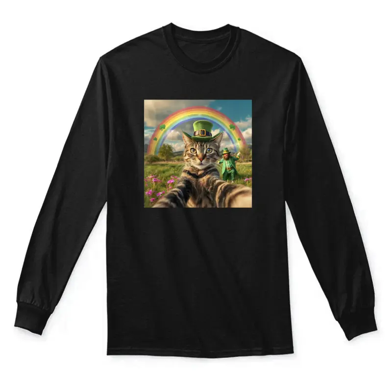 St Patrick's Day Cat Selfie With Leprechaun Funny Photo Unisex Long Sleeve T-Shirt
