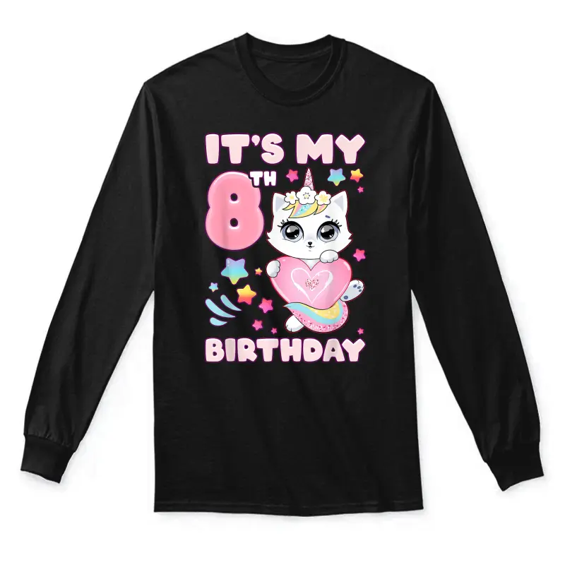 Birthday Girl 8 Years Old Cat Unicorn 8Th Birthday Unisex Long Sleeve T-Shirt