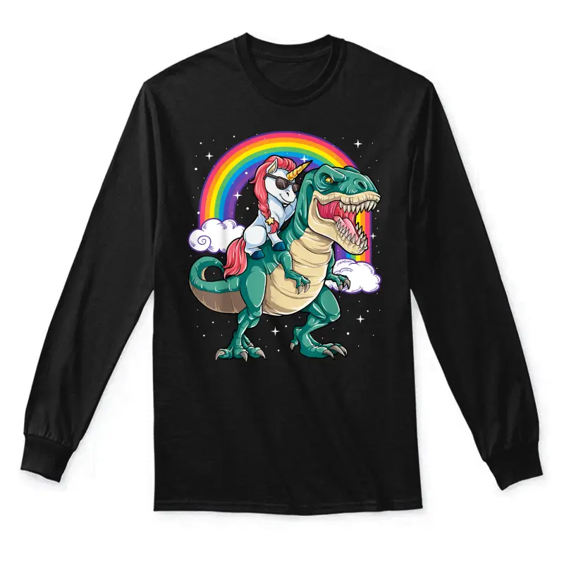 Unicorn Riding T Rex Dinosaur Boys Girls Men Women Rainbow Unisex Long Sleeve T-Shirt