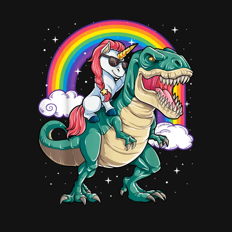 Unicorn Riding T Rex Dinosaur Boys Girls Men Women Rainbow Unisex Long Sleeve T-Shirt