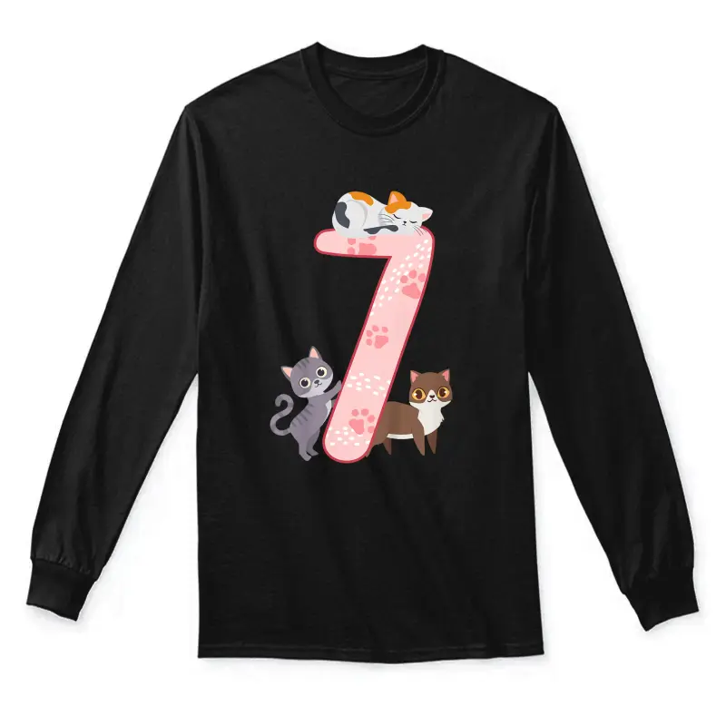 Kids 7Th Birthday Girl Cats Outfit 7 Years Old Unisex Long Sleeve T-Shirt