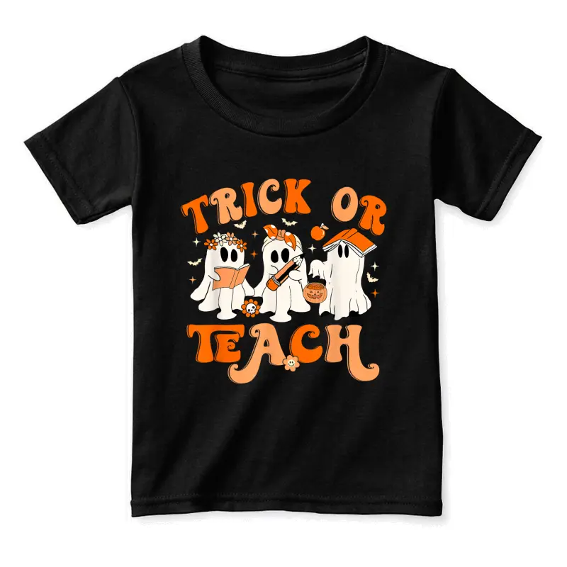 Teacher Halloween Trick Or Teach Retro Groovy Floral Ghost Toddler Staple T-Shirt