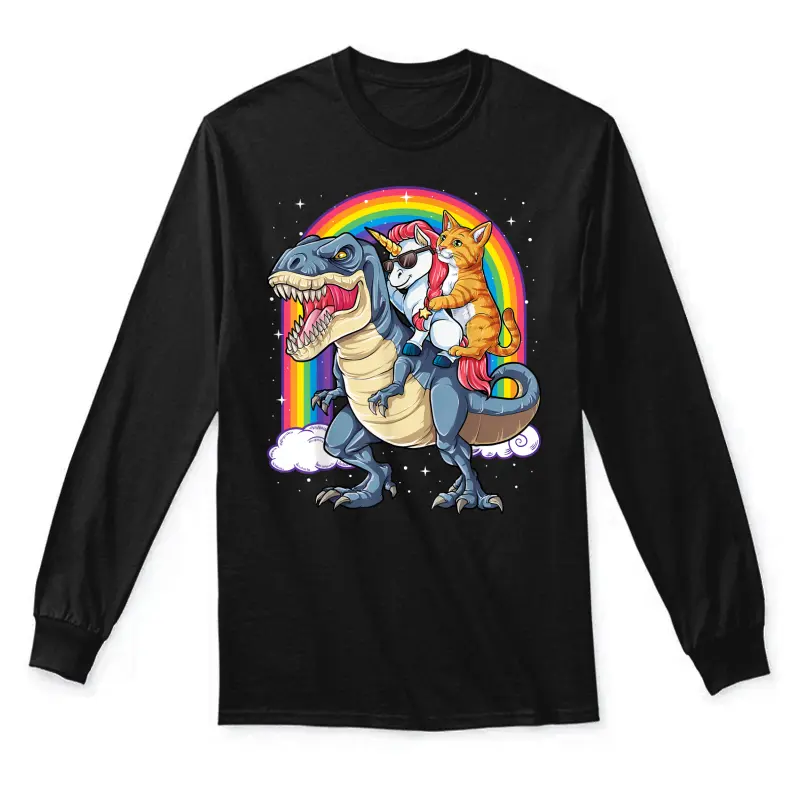 Cat Unicorn Riding Dinosaur T Rex Kitten Lover Space Galaxy Unisex Long Sleeve T-Shirt