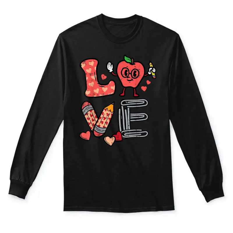 Love Valentines Day Apple Retro School Pre-K Teacher Women Unisex Long Sleeve T-Shirt
