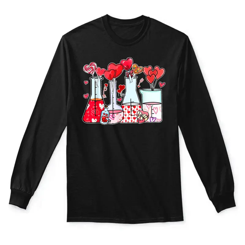 Beaker Test Tube Heart Laboratory Valentines Science Teacher Unisex Long Sleeve T-Shirt