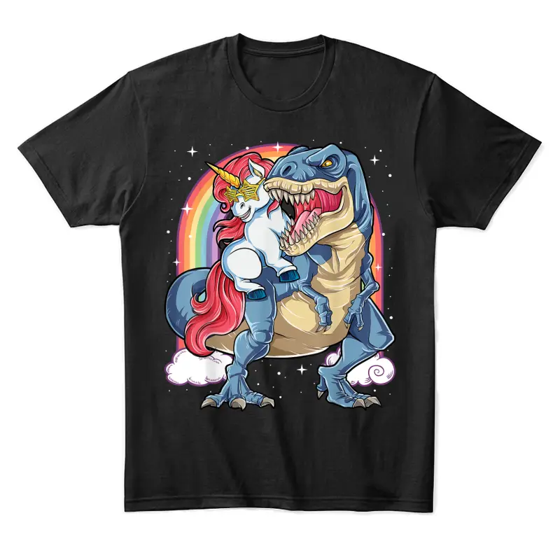 Unicorn Riding T Rex Dinosaur Boys Girls Men Women Rainbow Unisex Staple T-Shirt