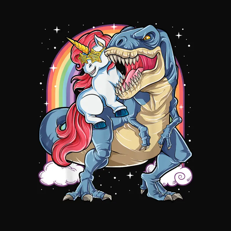 Unicorn Riding T Rex Dinosaur Boys Girls Men Women Rainbow Unisex Staple T-Shirt