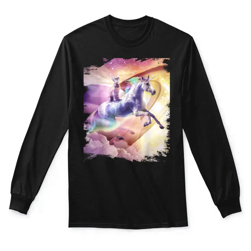 Rainbow Galaxy Cat Riding Unicorn In Space Unisex Long Sleeve T-Shirt