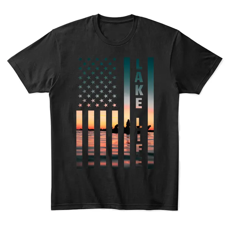 Lake Life Fisherman Sunset American Flag Bass Fishing Boat Unisex Staple T-Shirt
