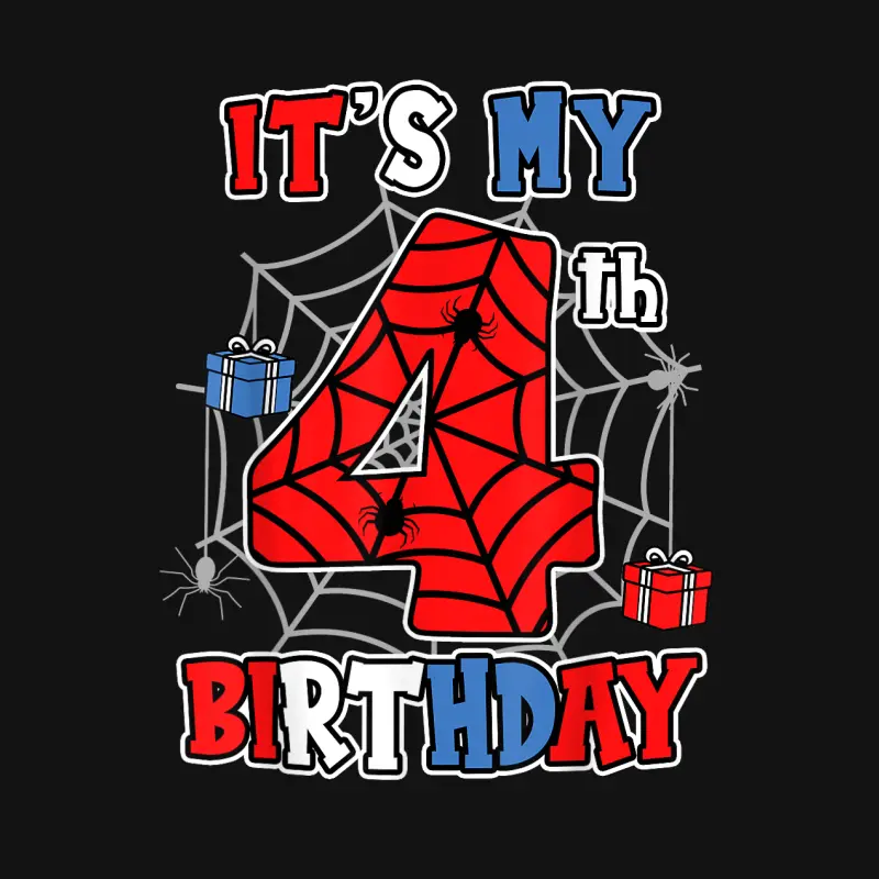 It's My 4Th Birthday Spider Theme Party 4 Year Old Boys Kids Youth Staple T-Shirt