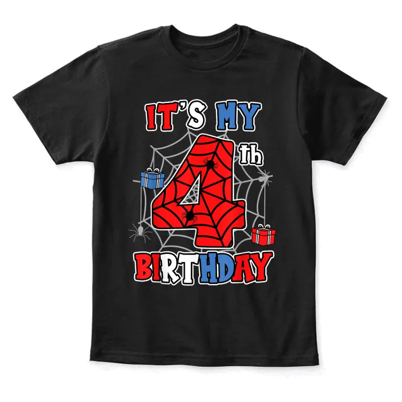 It's My 4Th Birthday Spider Theme Party 4 Year Old Boys Kids Youth Staple T-Shirt