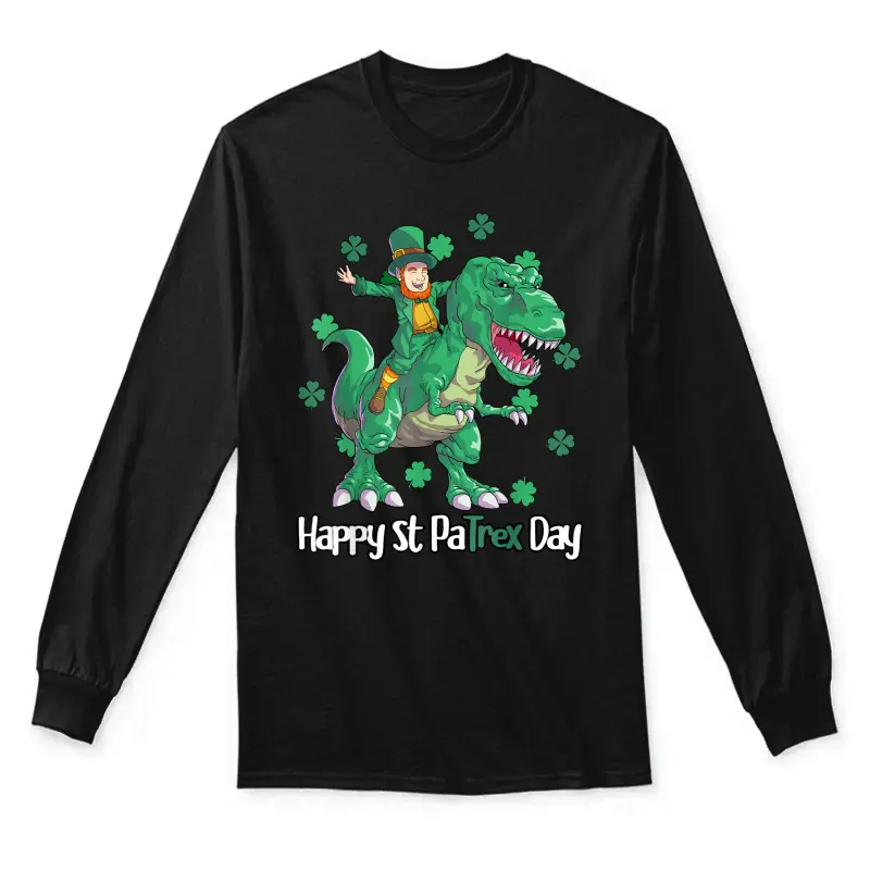 Dino St Patricks Day Shirt Kids Toddler Boys Leprechaun Unisex Long Sleeve T-Shirt