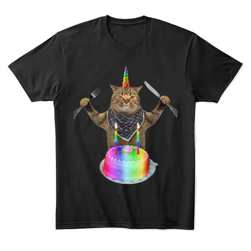 Funny Cat Unicorn With A Birthday Cake Unisex Staple T-Shirt