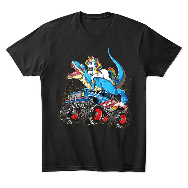 Unicorn Riding T Rex Monster Truck Boys Girls Unicorn Unisex Staple T-Shirt