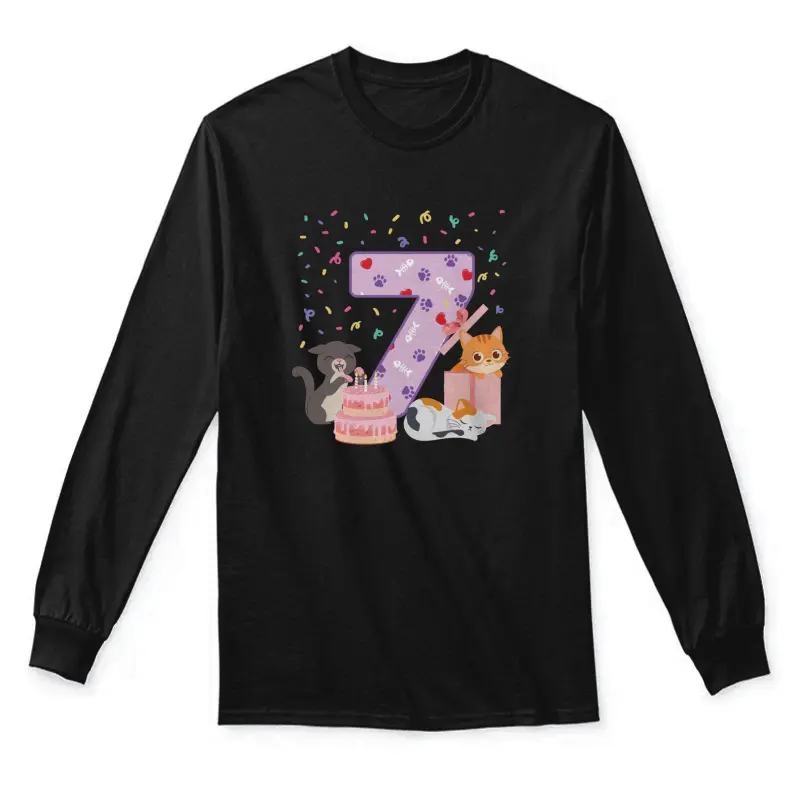 7Th Birthday Girl Cute Cat Outfit 7 Years Old Bday Party Unisex Long Sleeve T-Shirt