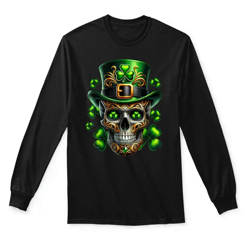 Men Irish Skull Shamrock Leprechaun Ireland St Patricks Day Unisex Long Sleeve T-Shirt