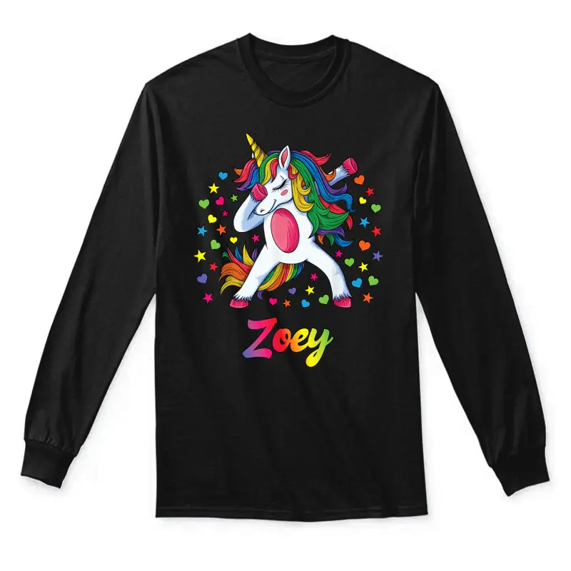 Zoey Dabbing Unicorn Rainbow Personalized Name Custom Unisex Long Sleeve T-Shirt