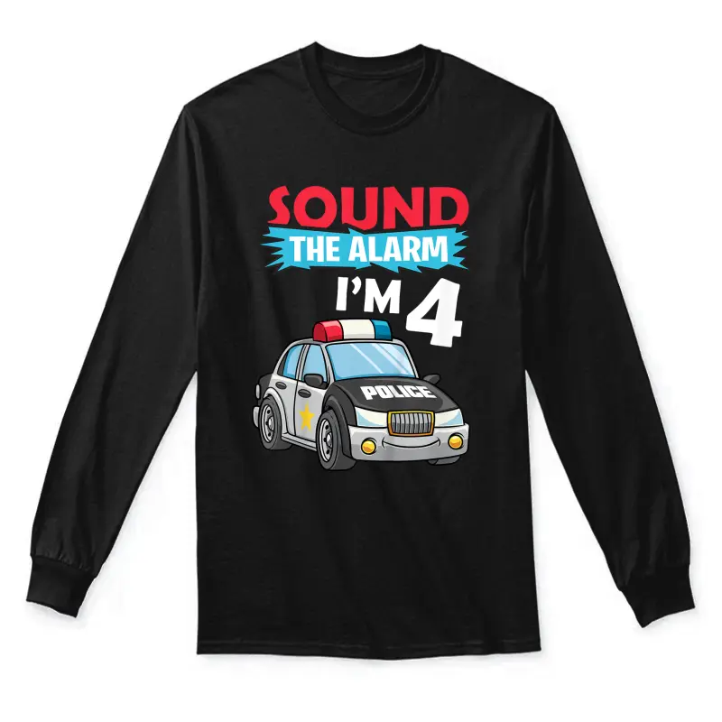 Kids Birthday Boy Shirt 4 Years Old Police Car Policeman Cop Unisex Long Sleeve T-Shirt