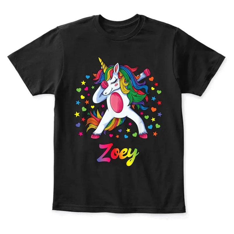 Zoey Dabbing Unicorn Rainbow Personalized Name Custom Youth Staple T-Shirt