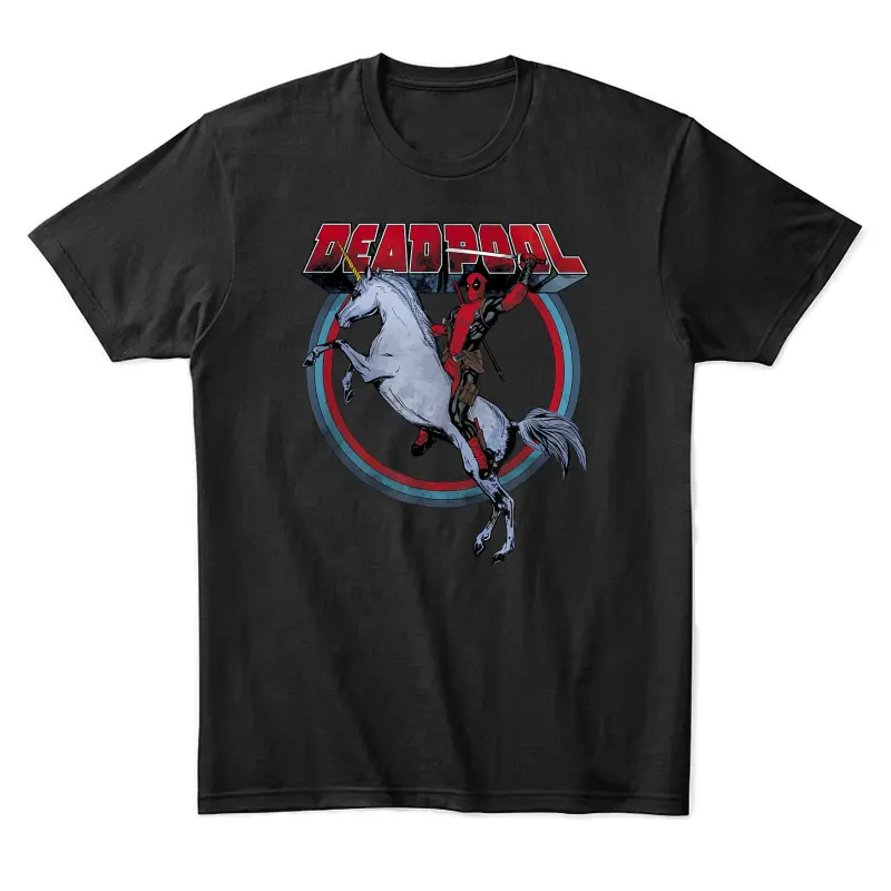 Marvel Deadpool Merc Riding A Unicorn Rainbow Circle Unisex Staple T-Shirt
