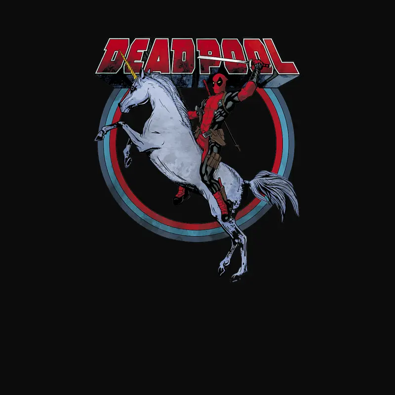 Marvel Deadpool Merc Riding A Unicorn Rainbow Circle Unisex Staple T-Shirt
