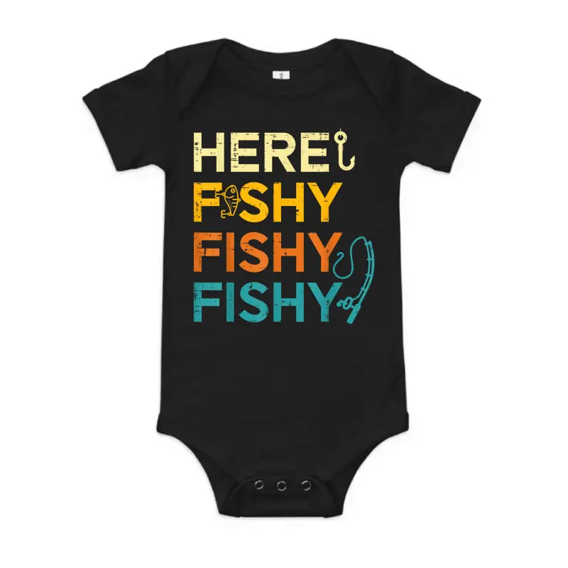 Fishing Here Fishy Retro Fish Lover Fisherman Men Women Kids Baby Onesie