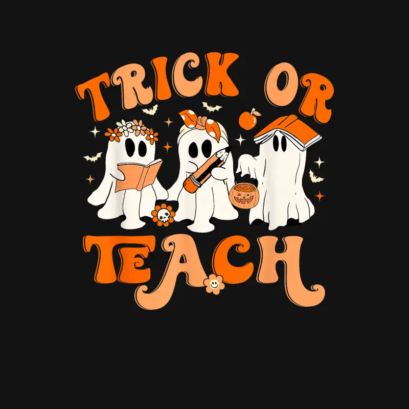 Teacher Halloween Trick Or Teach Retro Groovy Floral Ghost Youth Staple T-Shirt
