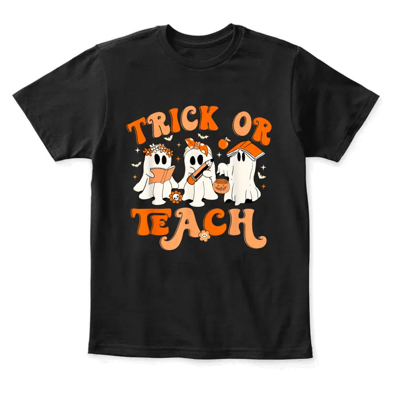 Teacher Halloween Trick Or Teach Retro Groovy Floral Ghost Youth Staple T-Shirt