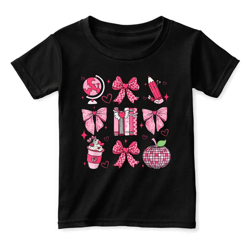 Coquette Pink Bow Ribbons Apple Book Teacher Valentine's Day Toddler Staple T-Shirt