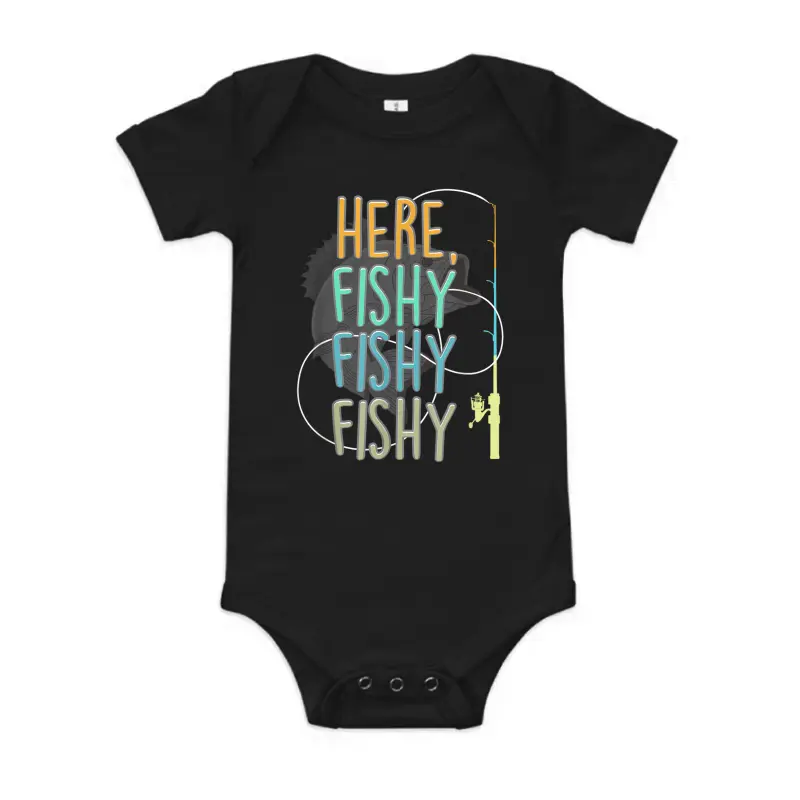 Here Fishy Fisherman Fishing Rod Fish Fishing Saying Angler Baby Onesie