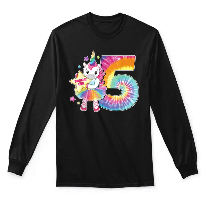 5Th Birthday Unicorn Shirt Gift For Girls Age 5 Tie Dye Tee Unisex Long Sleeve T-Shirt