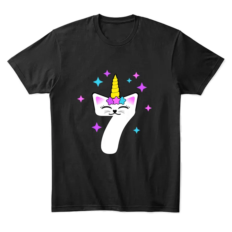 Kids 7 Year Old Cat Unicorn Caticorn 7Th Birthday Party Girls Unisex Staple T-Shirt