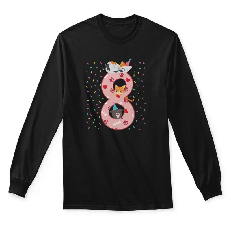 8Th Birthday Girl Cute Cat Outfit 8 Years Old Bday Party Unisex Long Sleeve T-Shirt