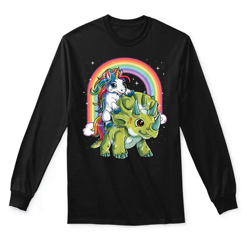 Unicorn Riding Dinosaur Triceratops Funny Boys Girls Rainbow Unisex Long Sleeve T-Shirt