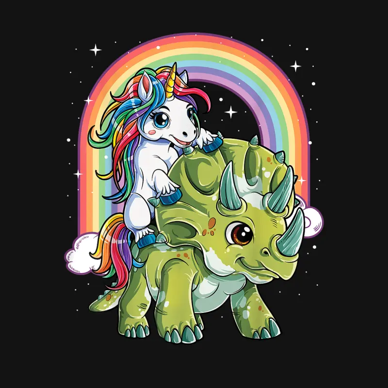 Unicorn Riding Dinosaur Triceratops Funny Boys Girls Rainbow Unisex Long Sleeve T-Shirt