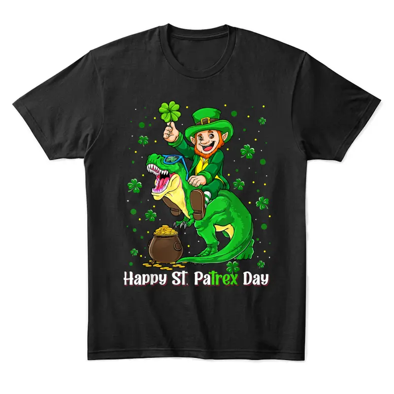 St Patricks Day Shirt Leprechaun Riding Dino T Rex Boys Unisex Staple T-Shirt
