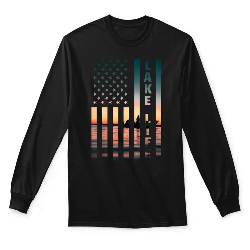 Lake Life Fisherman Sunset American Flag Bass Fishing Boat Unisex Long Sleeve T-Shirt