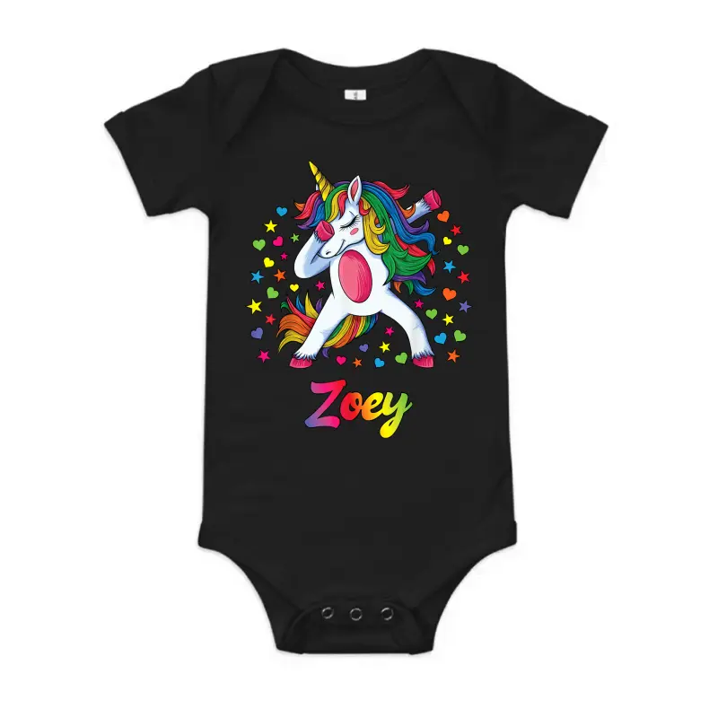 Zoey Dabbing Unicorn Rainbow Personalized Name Custom Baby Onesie
