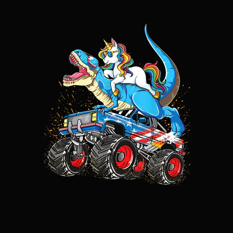 Unicorn Riding T Rex Monster Truck Boys Girls Unicorn Toddler Staple T-Shirt
