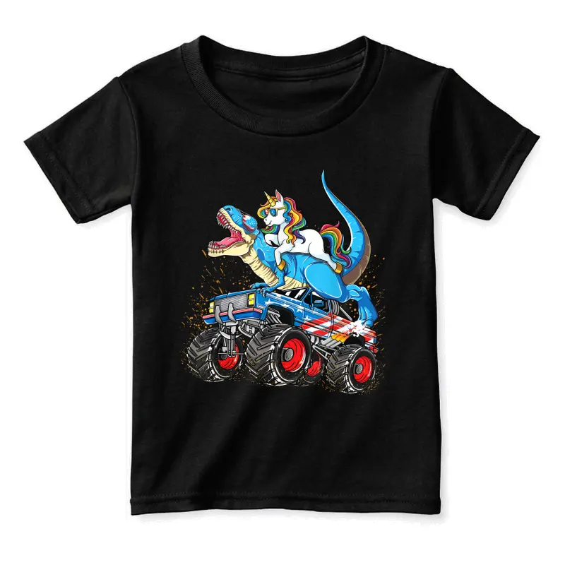 Unicorn Riding T Rex Monster Truck Boys Girls Unicorn Toddler Staple T-Shirt
