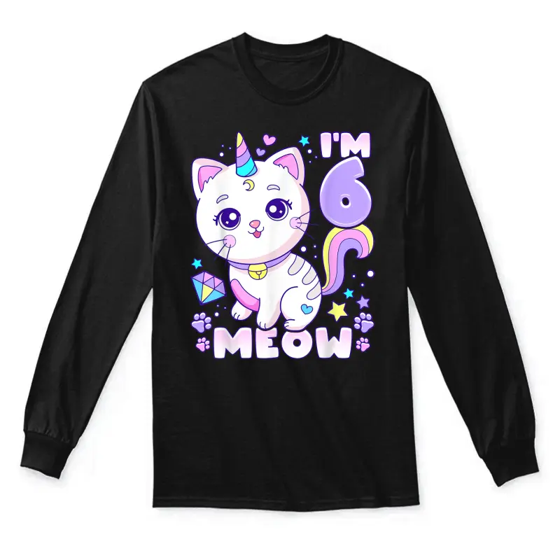 Birthday Girl 6 Years Old, Cat, Unicorn, 6Th Birthday Unisex Long Sleeve T-Shirt