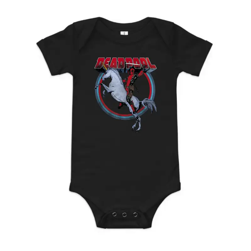 Marvel Deadpool Merc Riding A Unicorn Rainbow Circle Baby Onesie