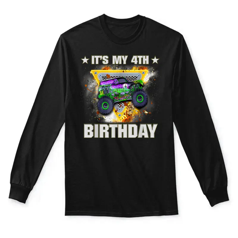 4 Year Old Shirt 4Th Birthday Boy Monster Truck Kids Boys Unisex Long Sleeve T-Shirt