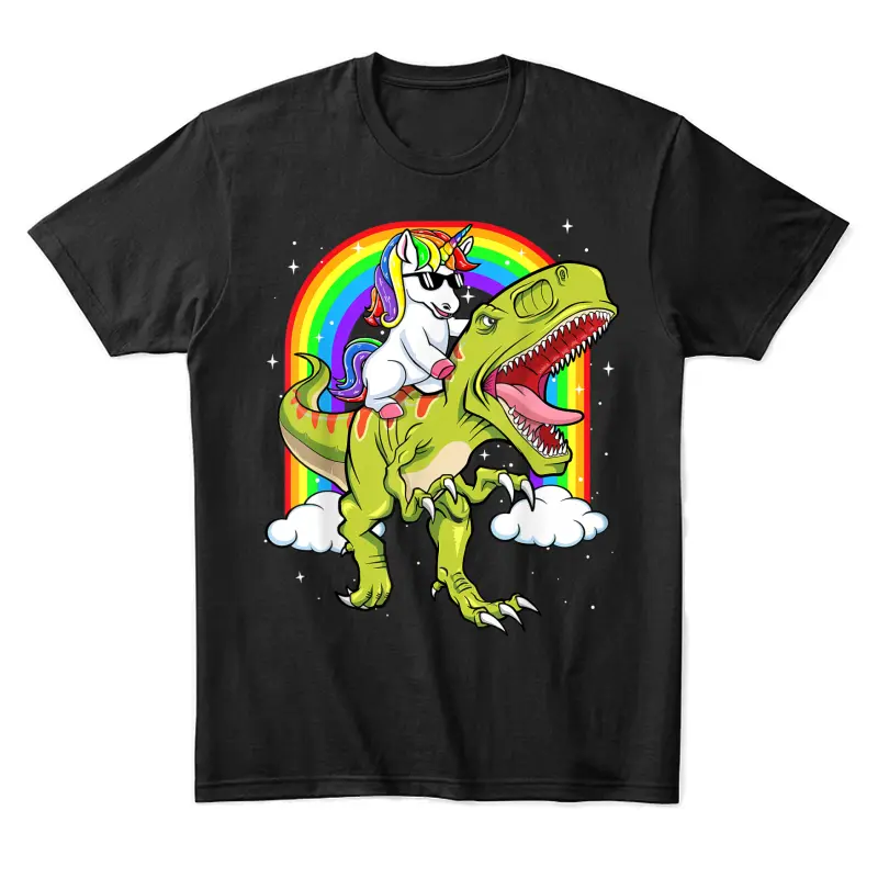 Rainbow Unicorn Riding T Rex - Dinosaur Boys Girls Men Women Unisex Staple T-Shirt