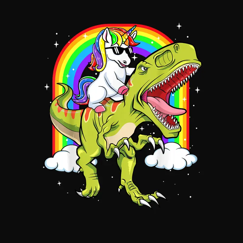 Rainbow Unicorn Riding T Rex - Dinosaur Boys Girls Men Women Unisex Staple T-Shirt